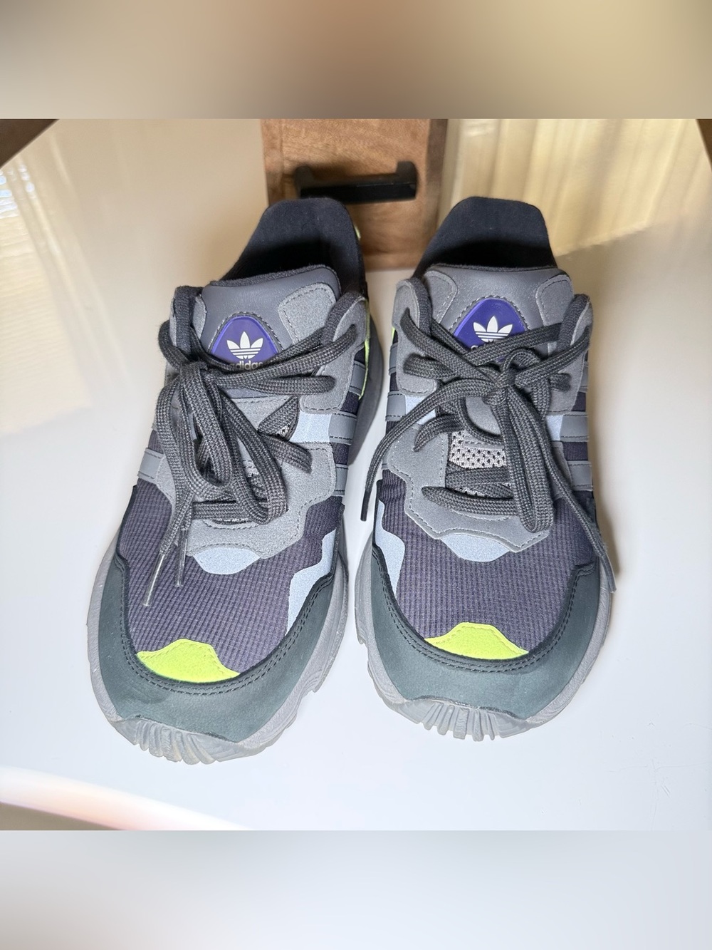 adidas Gray and Black Sneakers with Neon Green and Purple Accents